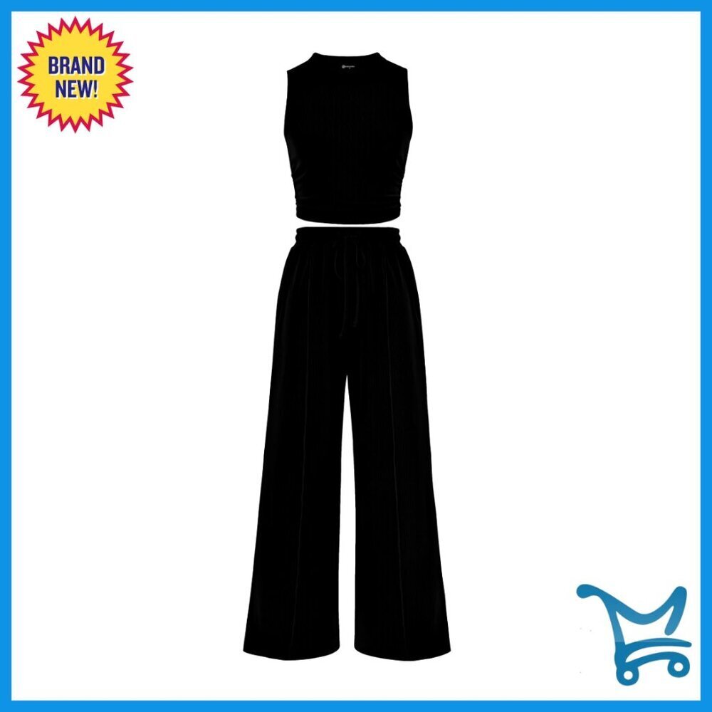 Ribbed Knit Lounge Set Sleeveless Tank Wide Leg Pants Comfort Travel Wear